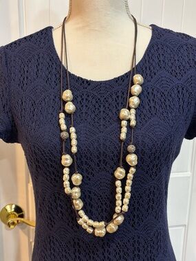 Chico’s Long Layered Ivory Pearl Bead Necklace for Women